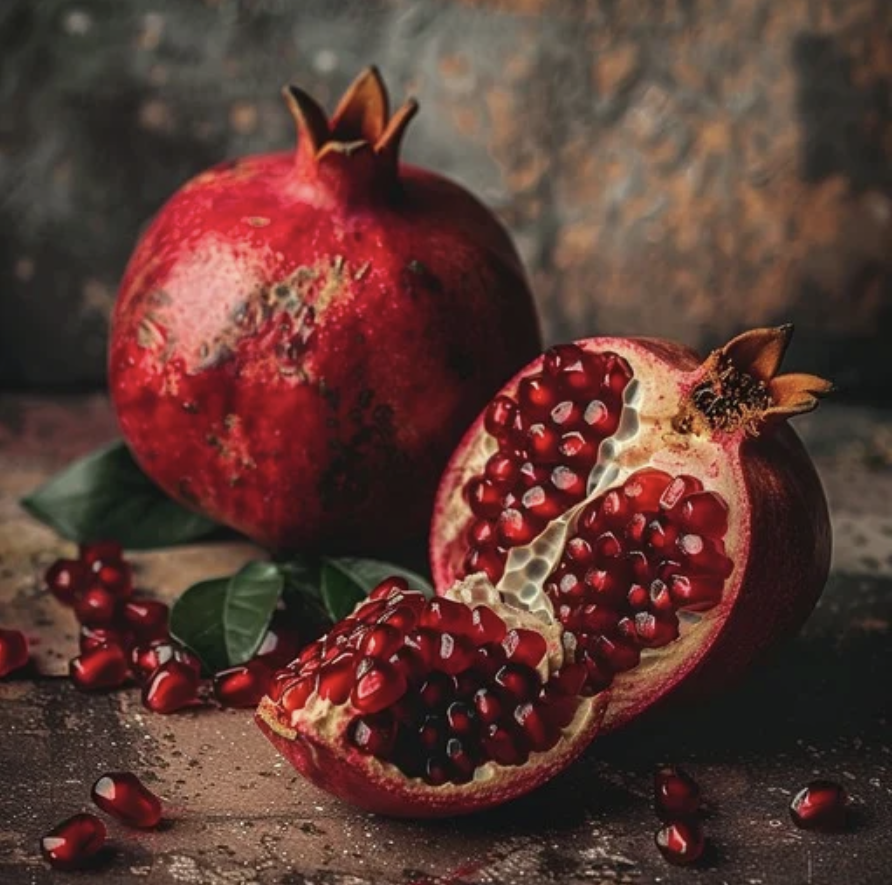 A whole pomegranate and a partially opened pomegranate showing its red seeds, with some seeds and leaves scattered on a rustic surface.