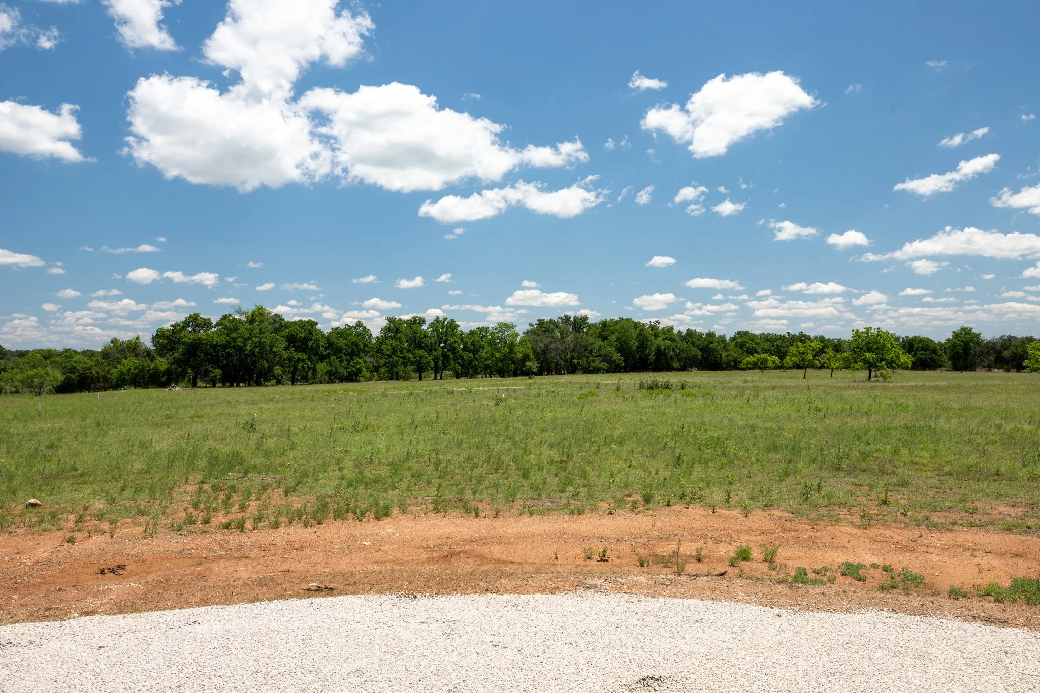A landscape with a dirt road in the foreground, grassy field, trees, and a bright blue sky with scattered white clouds.