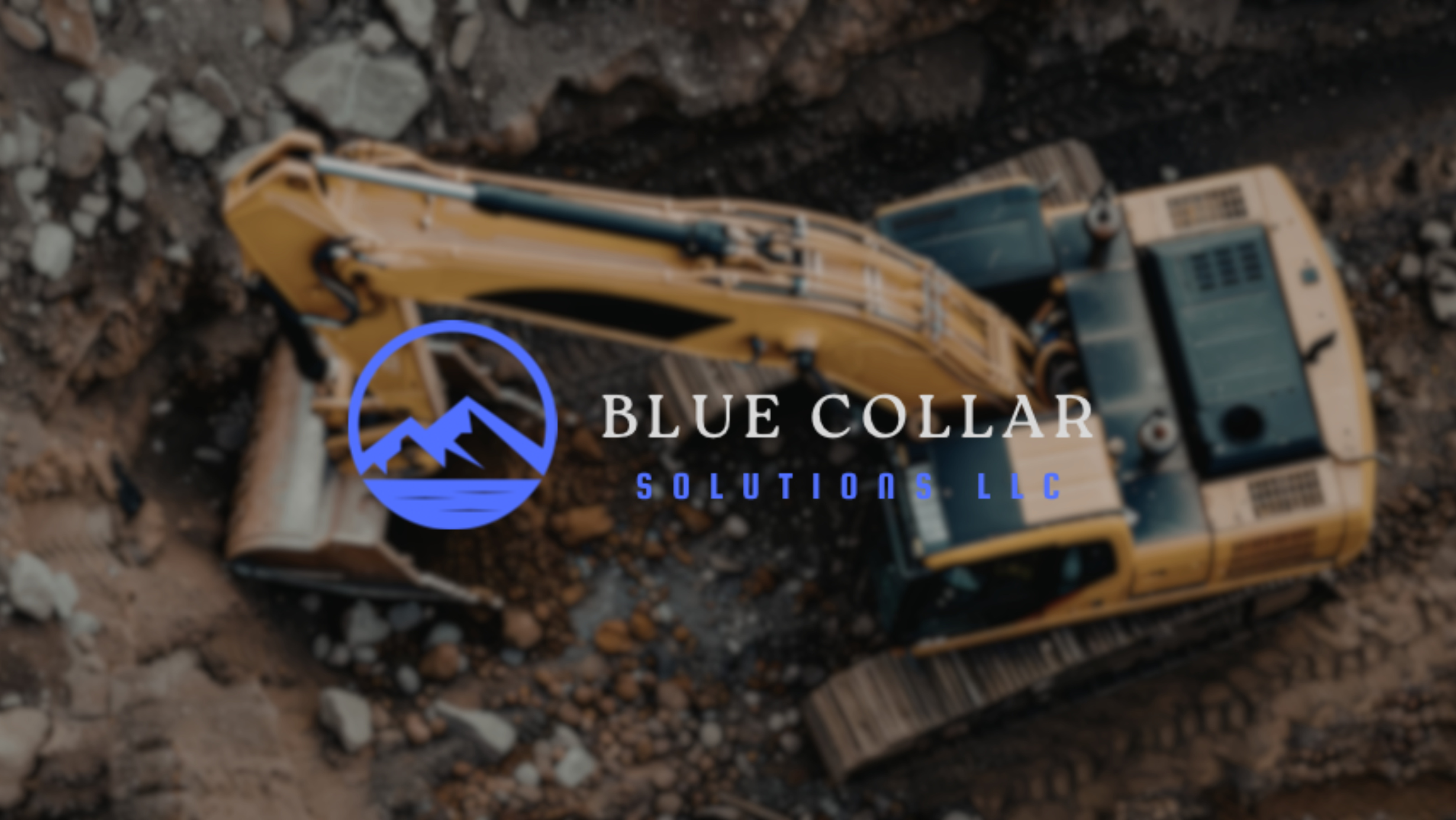 A yellow excavator lying on its side in dirt with the logo and text for Blue Collar Solutions LLC.