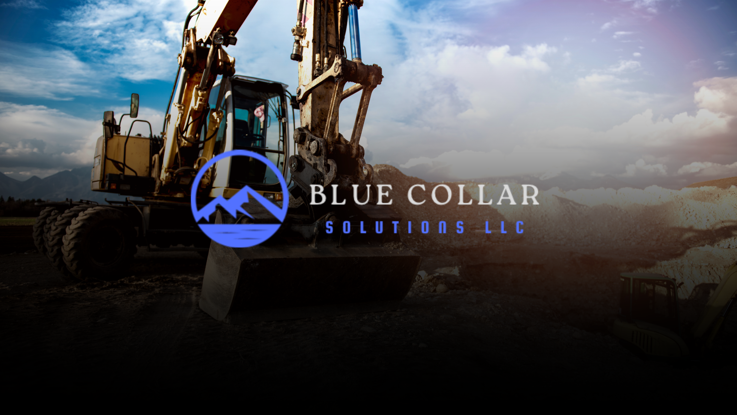 Construction excavator on a dirt field with a cloudy sky in the background, featuring a logo for Blue Collar Solutions LLC.