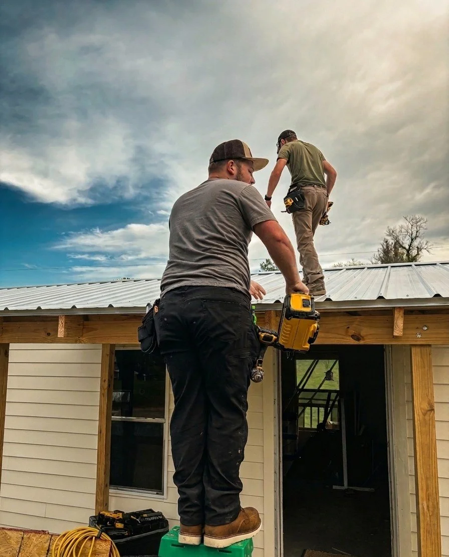 Two workers installing a metal roof on a small building, one standing on a green step stool and the other on the roof, with tools and equipment nearby.