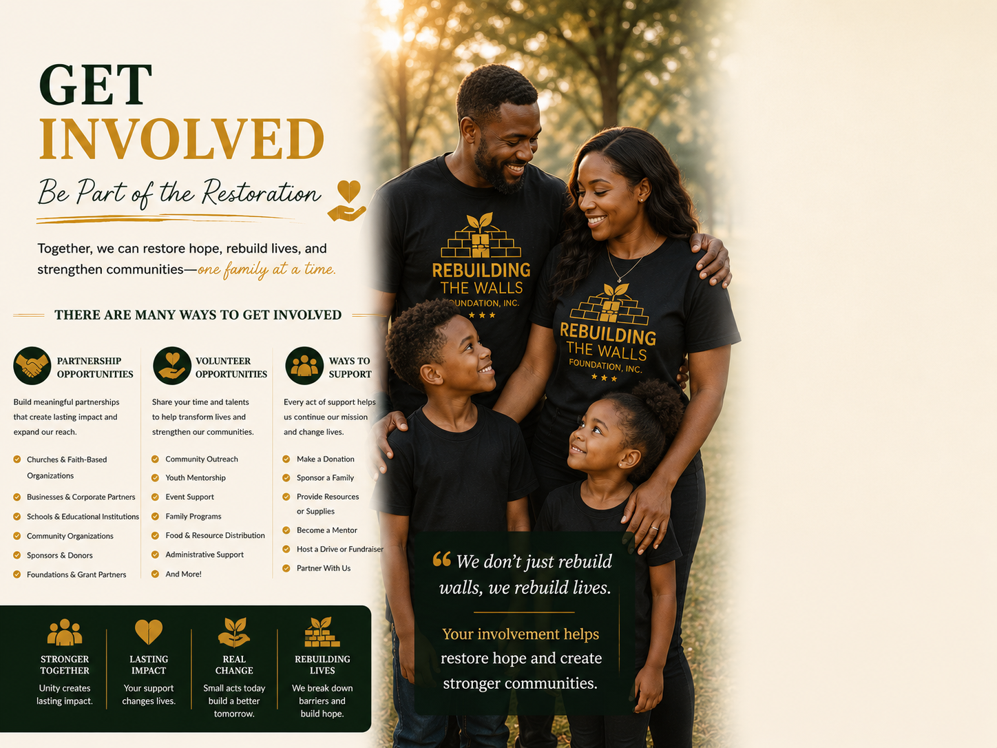 A family of four, wearing matching T-shirts that read "Rebuilding the Walls Foundation, Inc.," standing together outdoors during sunset, smiling and embracing in a park with trees in the background as part of a community restoration campaign.