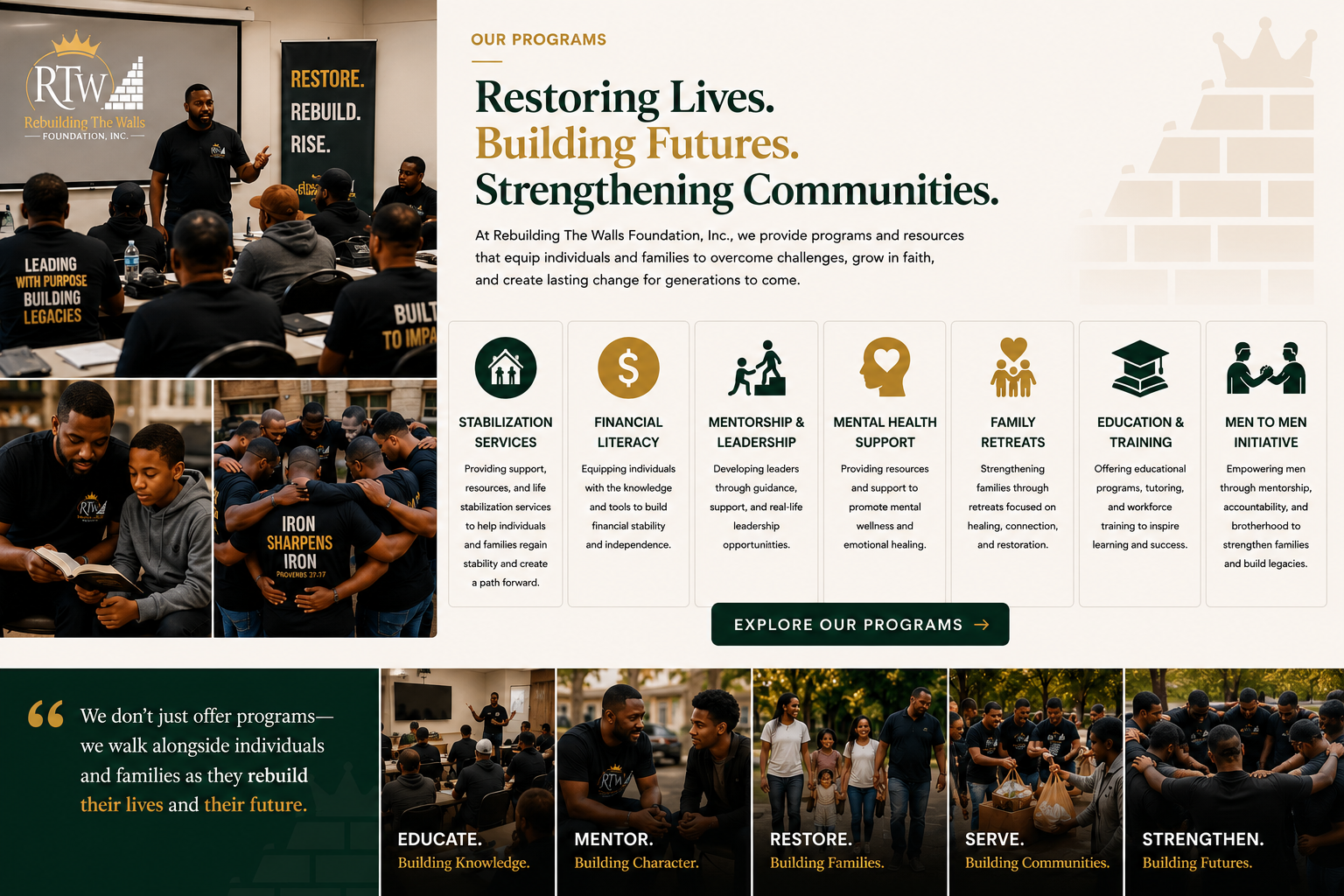 Poster for Rebuilding The Walls Foundation, Inc., showing community programs focused on restoring lives, building futures, and strengthening communities. It features images of community gatherings, mentoring sessions, and groups of people engaged in activities, with text describing support services such as stabilization, financial literacy, mentorship, mental health, family retreats, education, men to men initiative, and motivational quotes.
