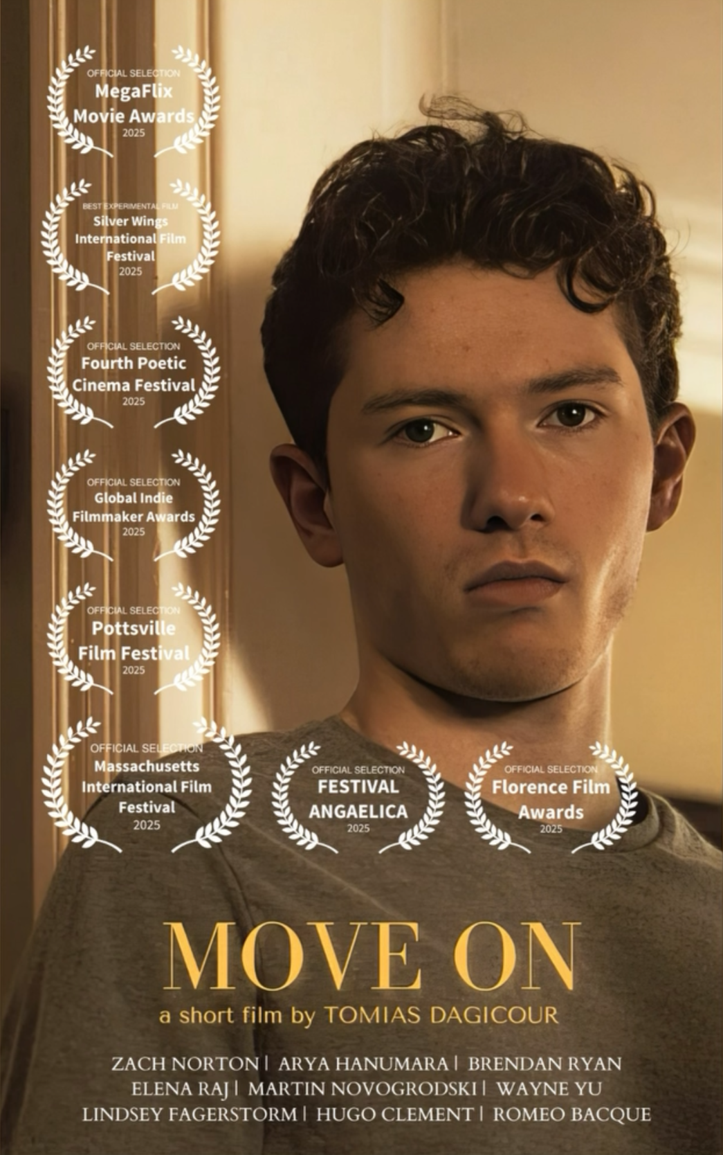 Poster for a short film titled "MOVE ON" by Tomias Dagicour, featuring a young man with dark curly hair and a serious expression. The poster includes multiple awards and festival selections from 2025, such as MegaFlix Movie Awards, Silver Wings Inter