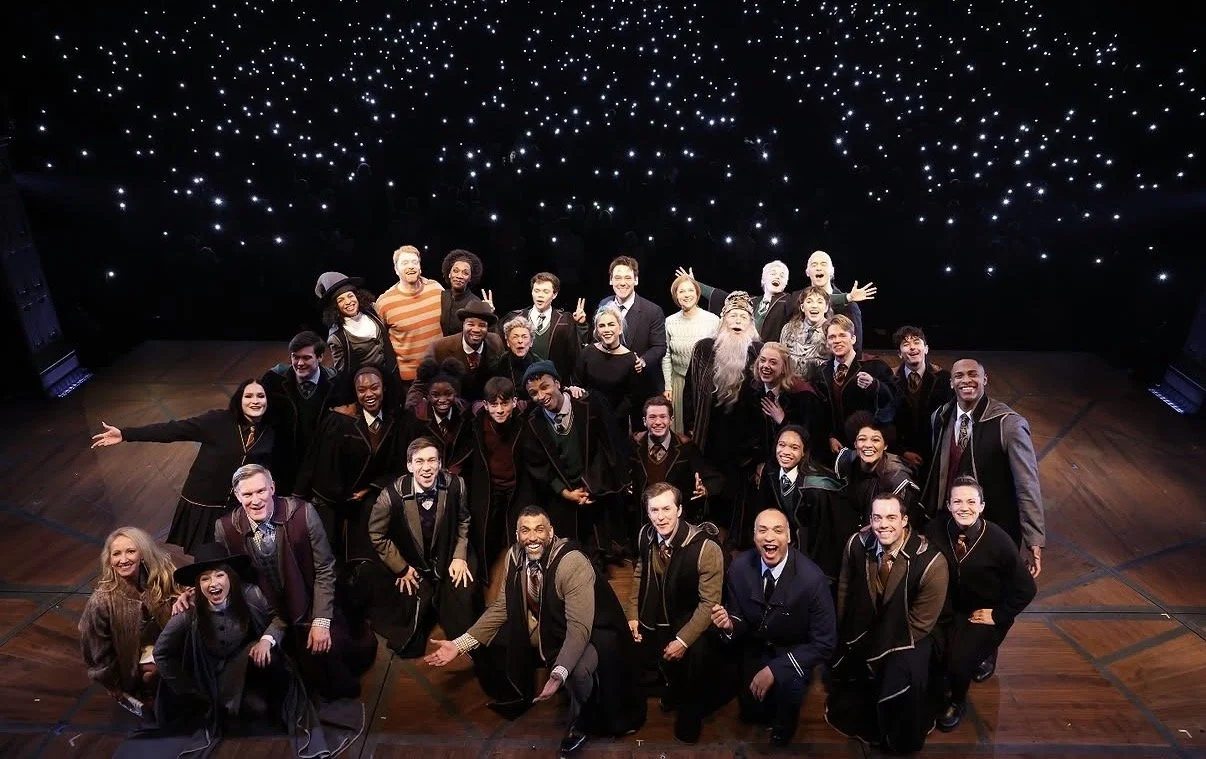 Group of people dressed in costumes from the Harry Potter series on stage with starry background.
