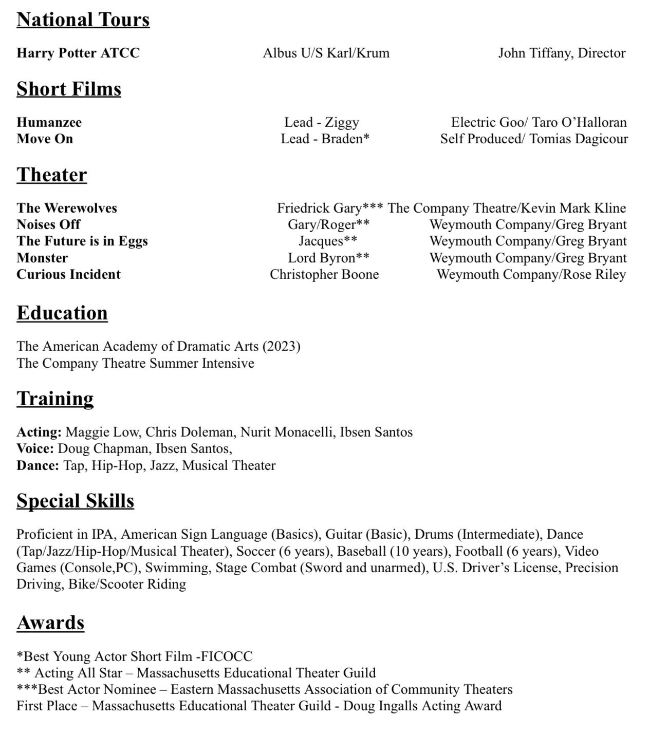 A resume outlining Zach Norton experience in theater, film, education, training, and skills, including roles such as director, actor, and dancer, with awards and recognitions listed at the bottom.