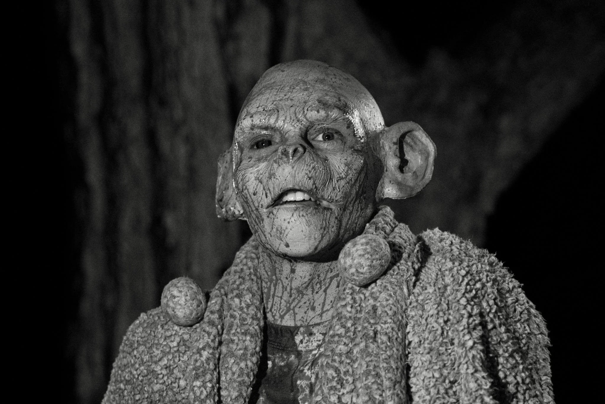 A black and white sculpture of a humanoid figure with large ears and detailed facial features, surrounded by textured, rocky elements.