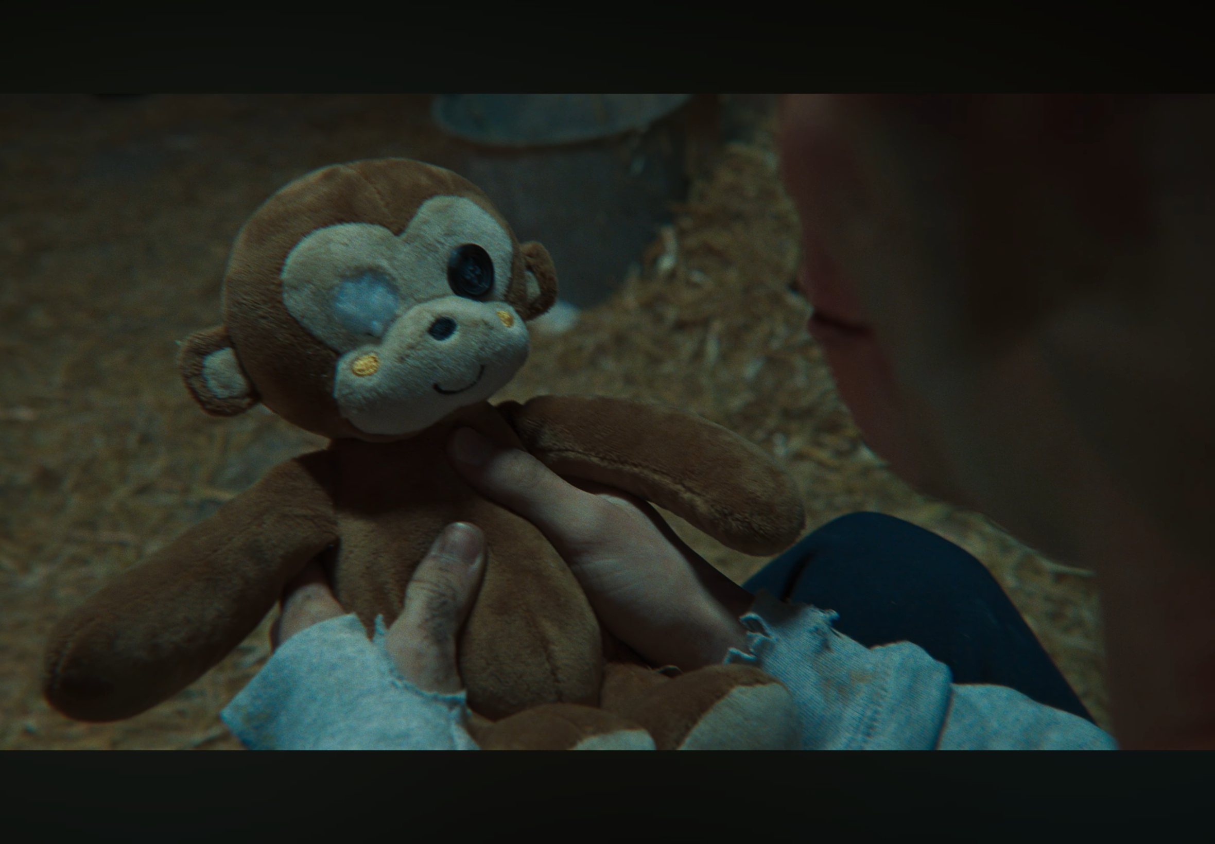 A person holding a worn plush monkey toy near a rough rock or terrain, with a partially visible face and hands.