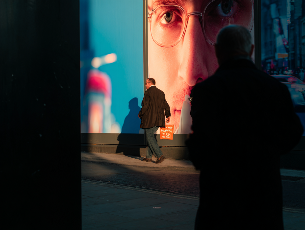 Two men, one in a dark coat and the other in a jacket, are walking past a large advertisement featuring a close-up of a person's face with glasses on a city street at sunset.