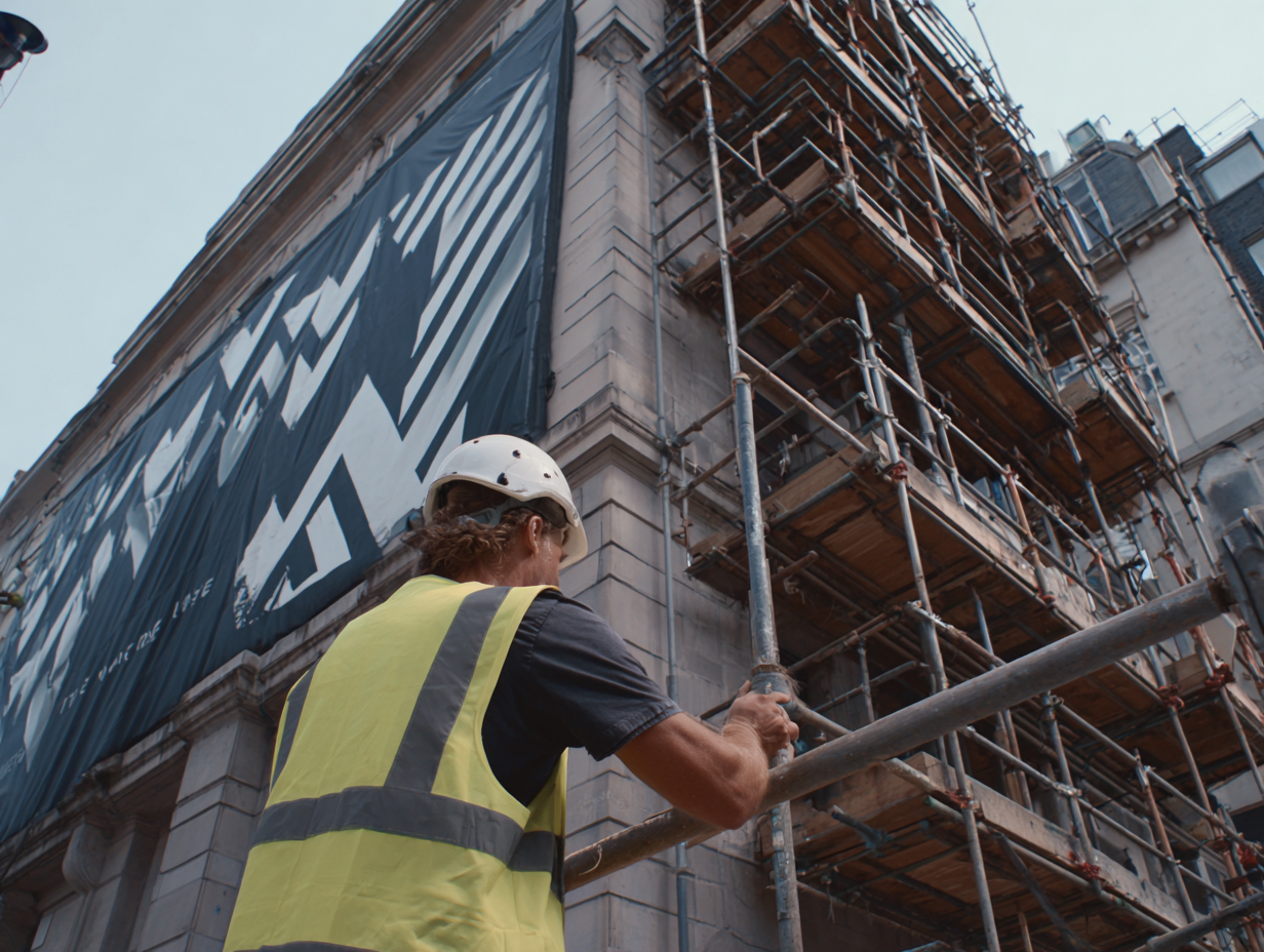 Construction worker wearing a yellow safety vest and white helmet working on scaffolding outside a building.