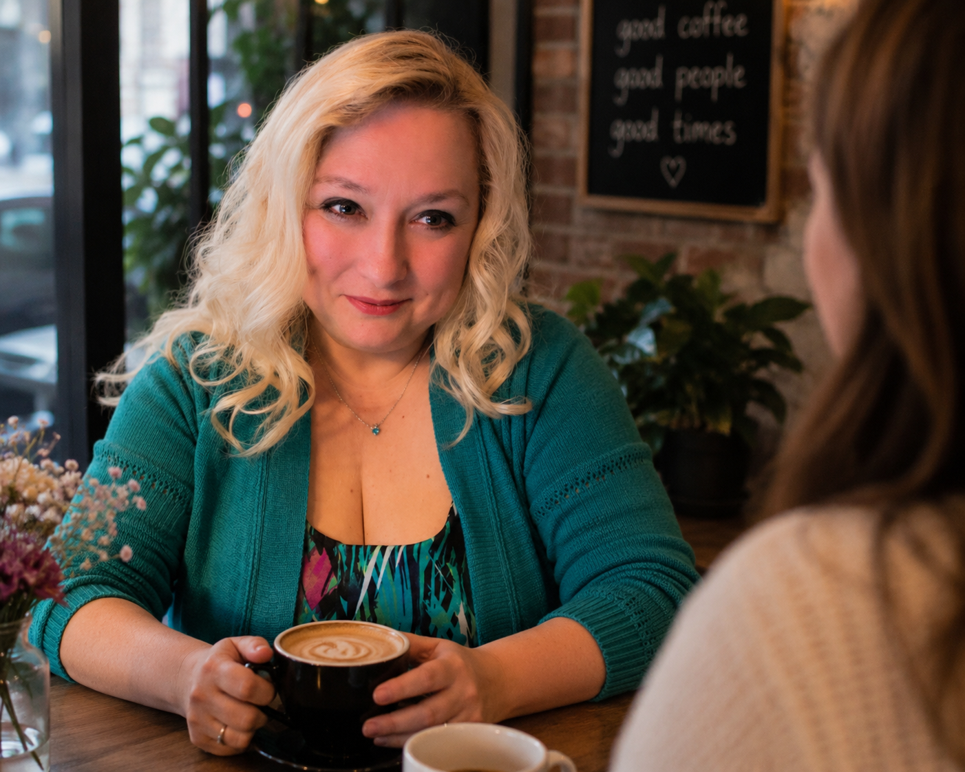 Two women having a conversation in a cozy cafe, one with blonde curly hair holding a cup of coffee, and the other with long brown hair seen from behind. There is a menu board on the brick wall in the background.