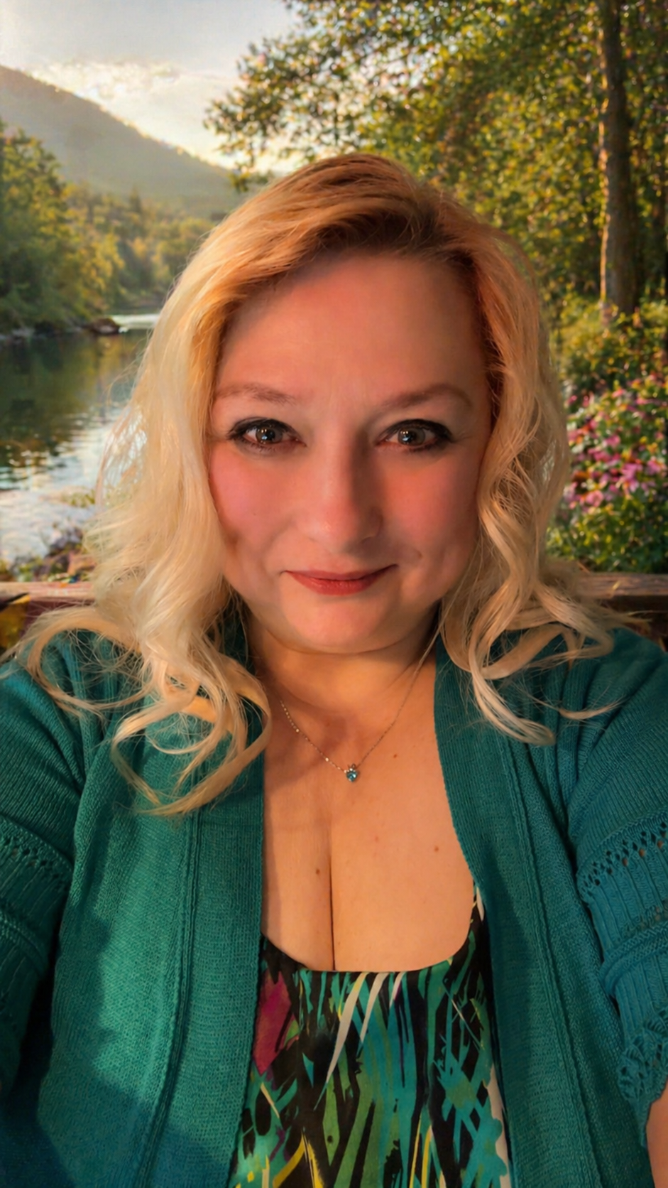 A woman with blonde curly hair wears a teal cardigan over a colorful patterned top and a necklace with a heart-shaped pendant, posing for a selfie with a lush outdoor background of trees, flowers, and a river.