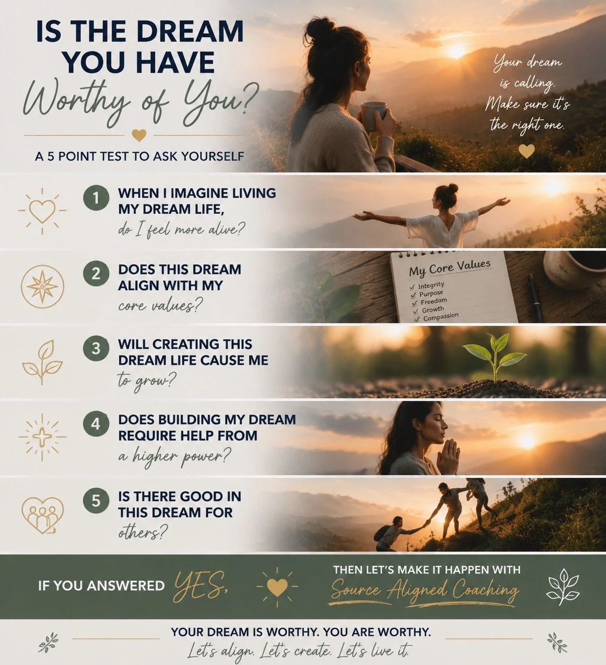 A motivational infographic titled 'Is the Dream You Have Worthy of You?', featuring a woman holding a mug watching a sunset, with five questions about living a dream life, core values, growth, help from a higher power, and helping others, amidst nature scenes and a notebook with core values.