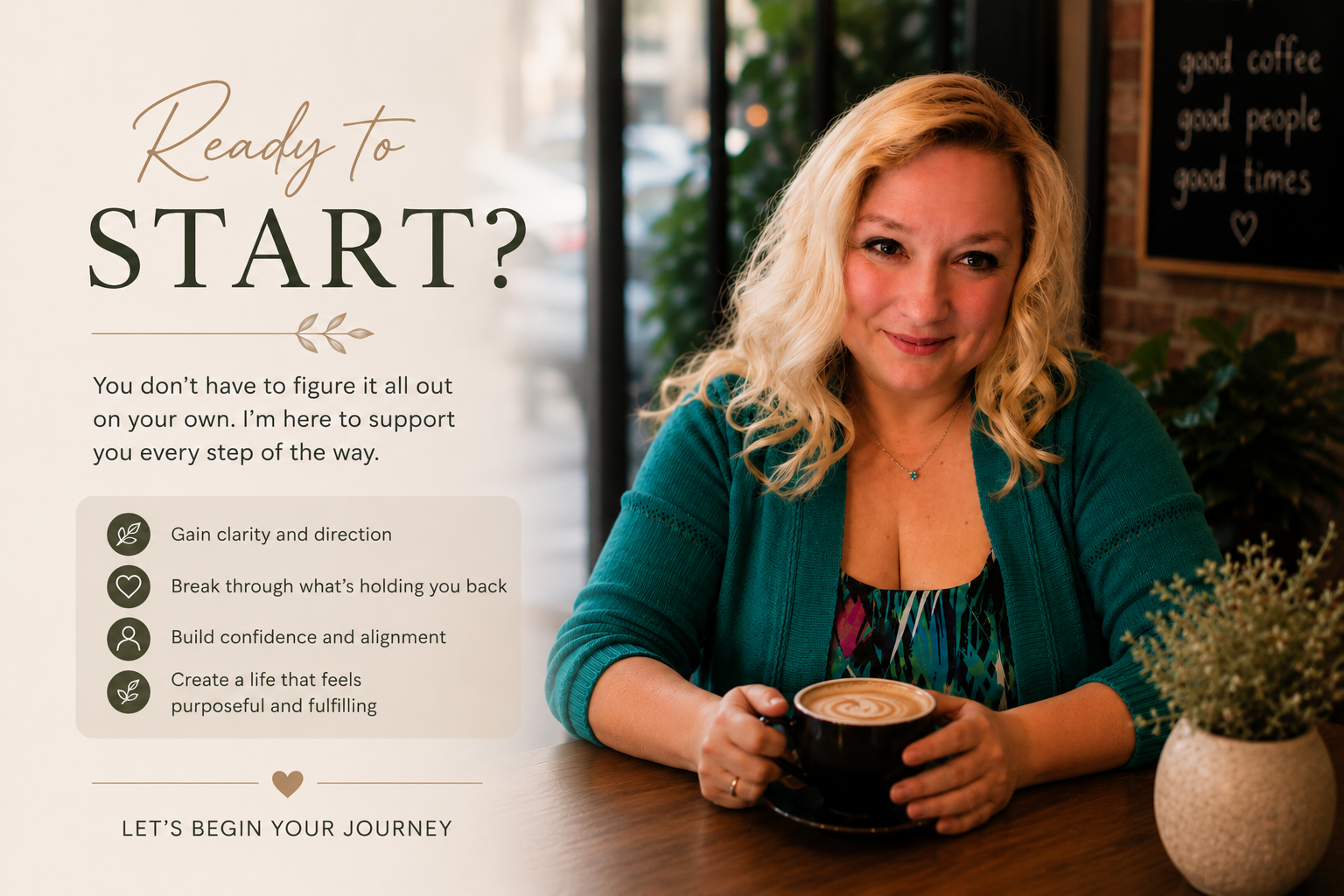 A woman with blonde curly hair sitting at a table in a coffee shop, holding a cup of coffee, smiling, with a plant in a white pot on the table and a blackboard with writing on the wall behind her.