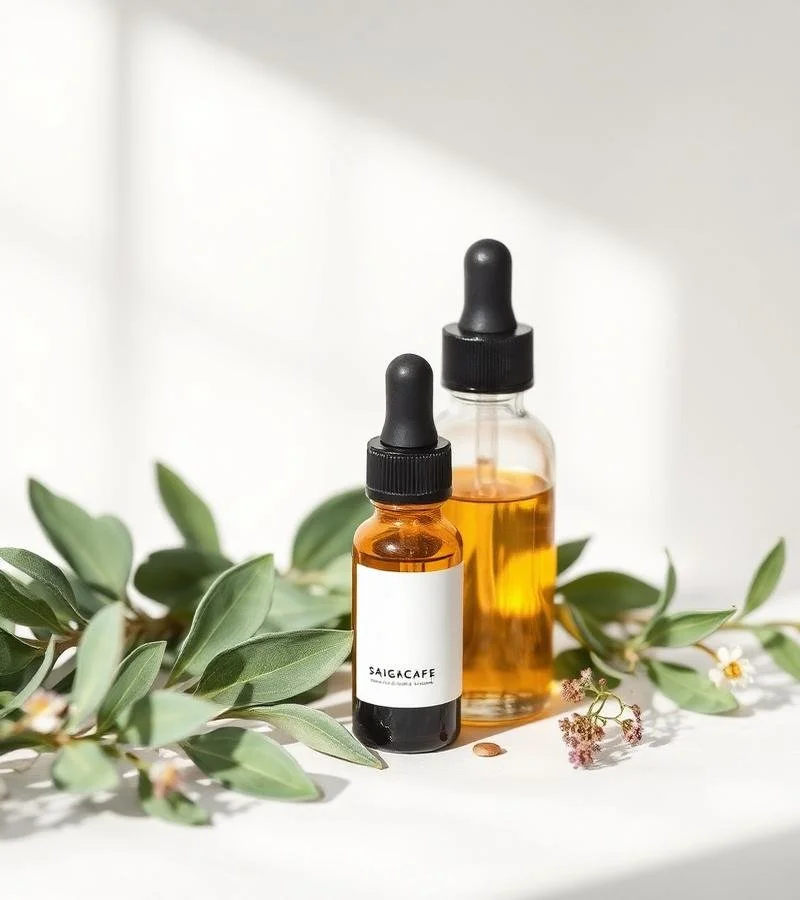 Two amber glass dropper bottles with black caps, one smaller labeled 'SAIGCAFE' containing a dark liquid, and a larger one with a golden liquid, surrounded by green leaves and small white and pink flowers on a white background.