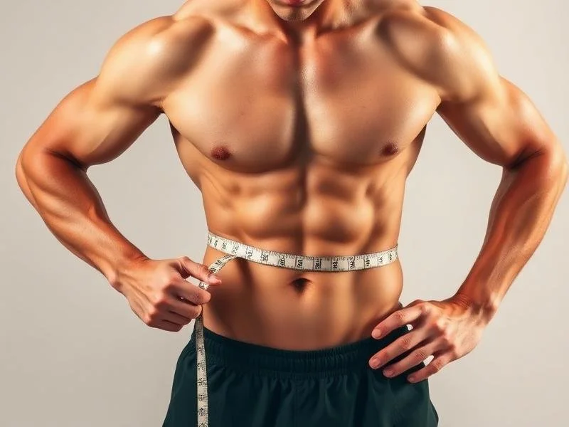 A shirtless man measuring his waist with a tape measure, showing defined abdominal muscles.