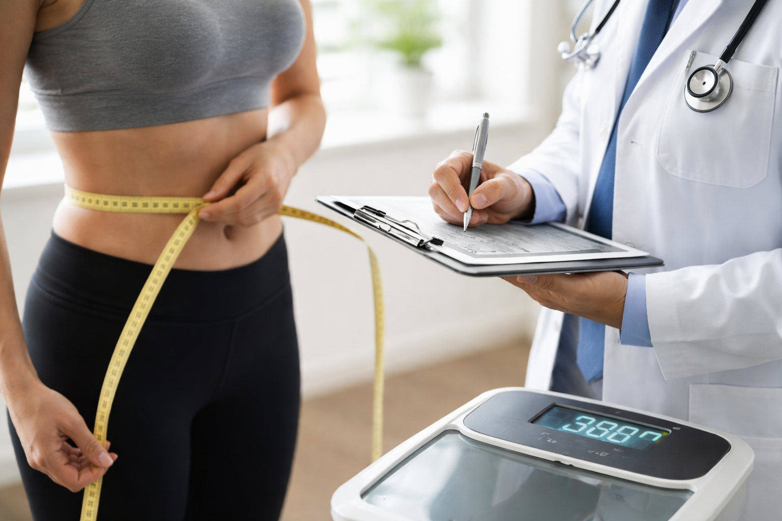 Doctor taking measurements of a woman's waist with a measuring tape in a medical office.
