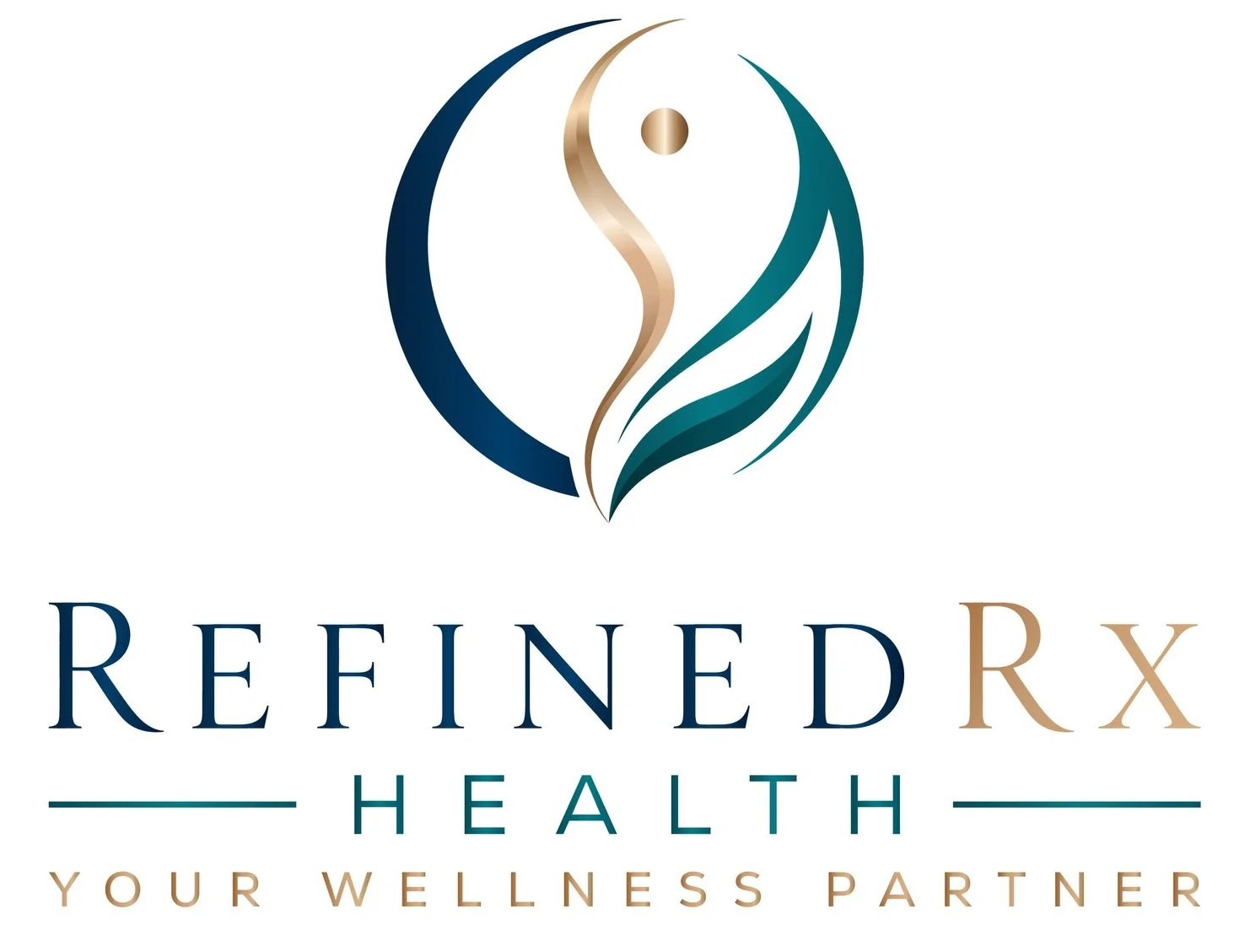 Logo for RefinedRx Health featuring a stylized figure in the center, accompanied by the text 'RefinedRx Health Your Wellness Partner'.