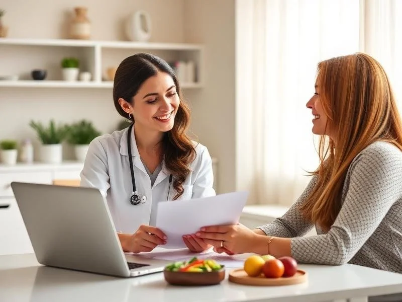 A doctor and a woman smiling and talking during a consultation in a well-lit room, with a laptop and a bowl of fruit on the table.