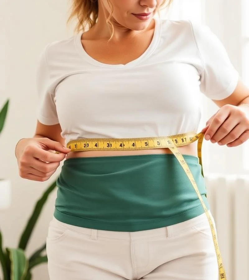 Woman measuring her waist with a yellow tape measure indoors, wearing a white T-shirt and green waist belt.