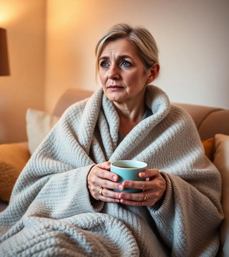 An older woman sitting on a couch, wrapped in a cozy blanket, holding a cup of coffee or tea, looking thoughtful or worried.