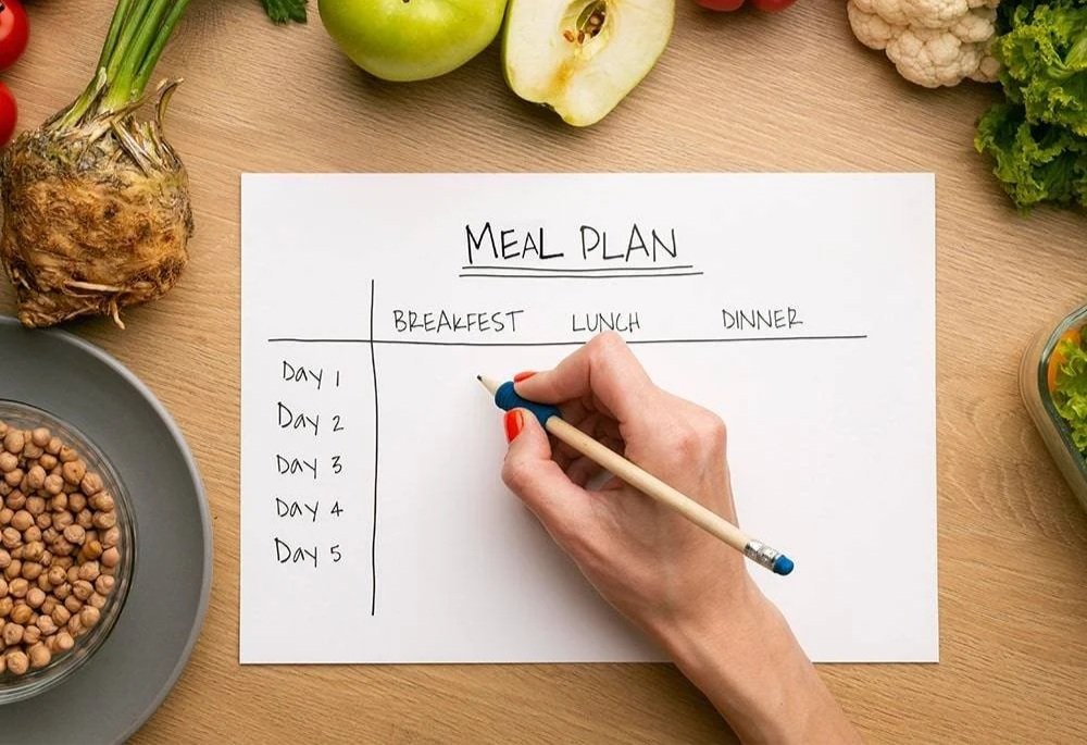 A meal plan chart on a sheet of paper, surrounded by various vegetables including an onion, apple, cauliflower, lettuce, and a bowl of chickpeas, with a hand writing on the chart.