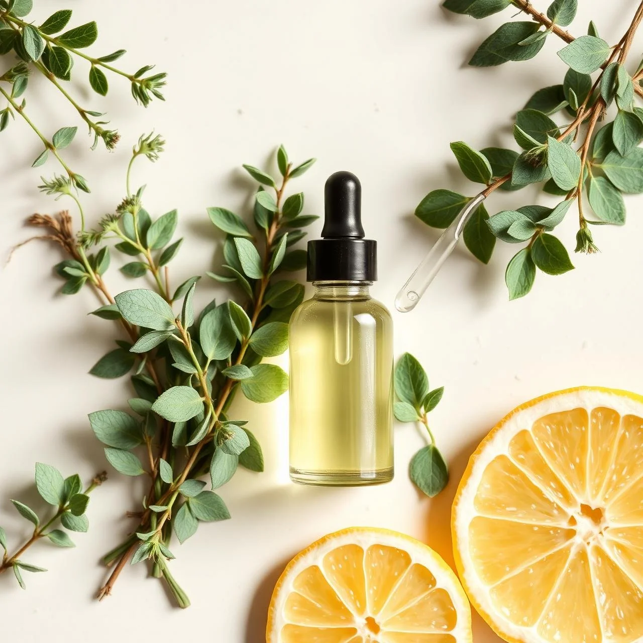 A small glass bottle with a dropper cap filled with light yellow oil, surrounded by green herbs and lemon slices, on a white surface.