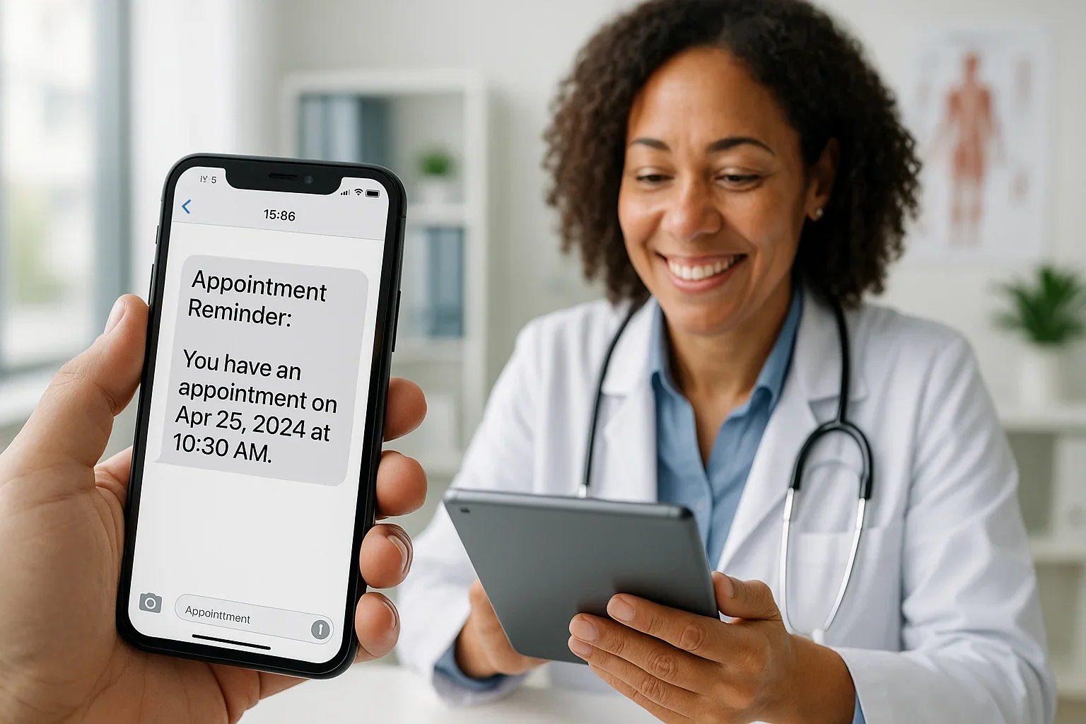 Smiling female doctor with curly hair and stethoscope around her neck, holding a tablet, while a person shows her a phone with an appointment reminder message for April 25, 2024.