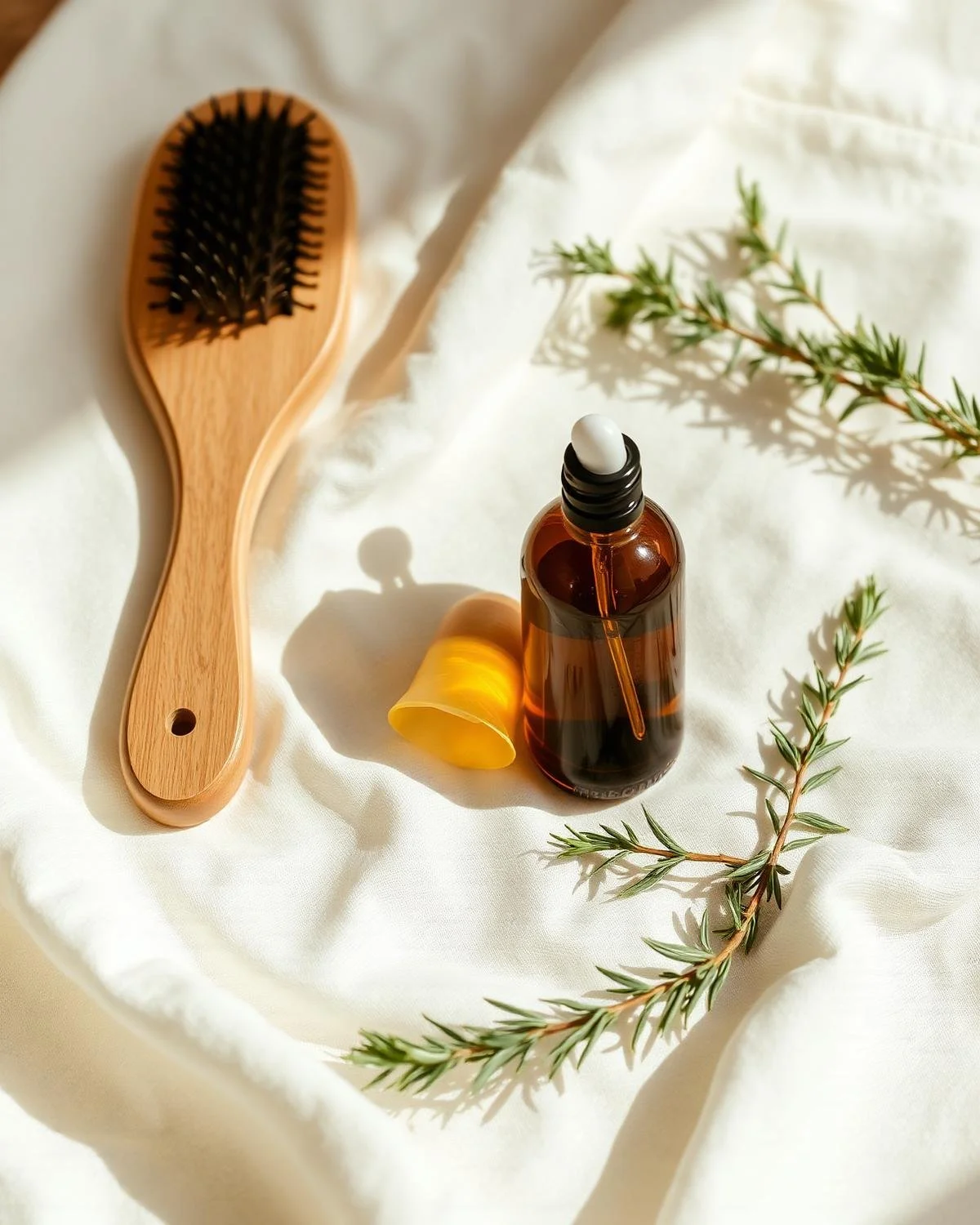A wooden hairbrush with black bristles, a small brown essential oil bottle with a dropper, a yellow silicone cap, and sprigs of green foliage on a white fabric background.