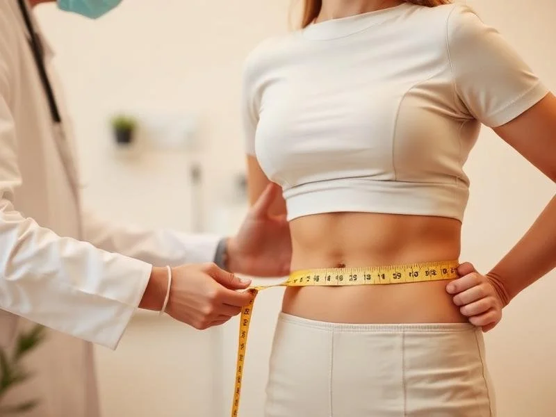 Person's waist being measured with a tape measure by a healthcare professional.