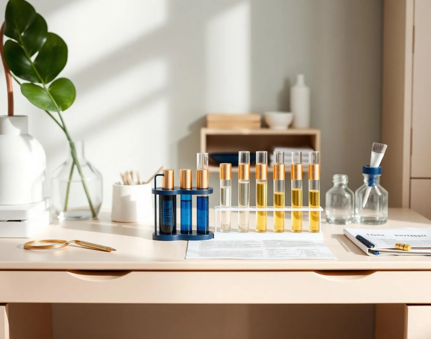 Test tubes with various liquids and a pipette on a table, surrounded by lab equipment and a large green plant.