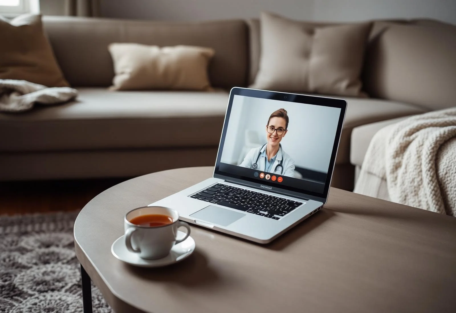 A laptop on a coffee table shows a female doctor with glasses and a stethoscope, smiling during a video call, with a cup of tea nearby, in a cozy living room.