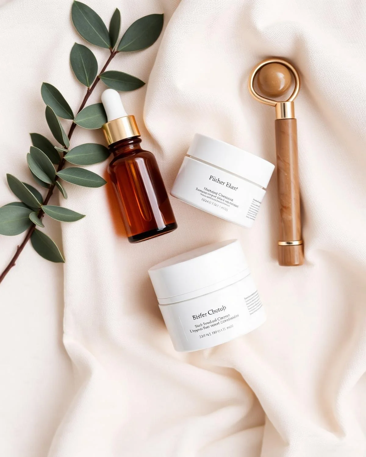 Skincare products including a brown glass dropper bottle with a white dropper, a white jar labeled "Pücher Ehart," another white jar labeled "Bisfer Chotub," and a jade roller, arranged on a soft cream-colored fabric with a green leafy branch.