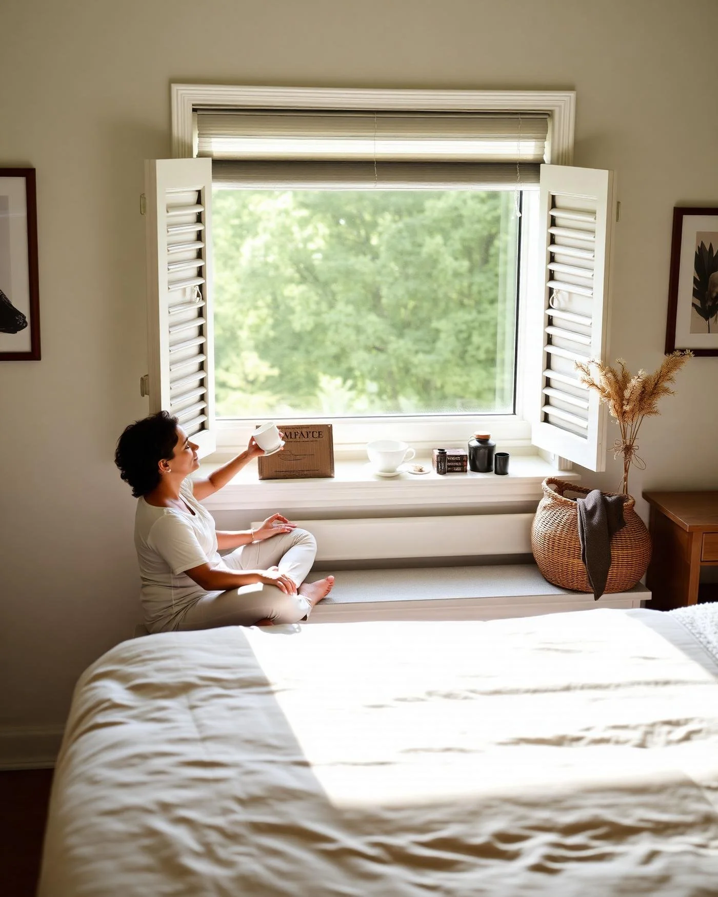 A woman sitting cross-legged on a bed near a large window with open shutters, holding a white mug, with natural light illuminating the room, which has framed artwork on the walls and a wicker basket with a blanket nearby.