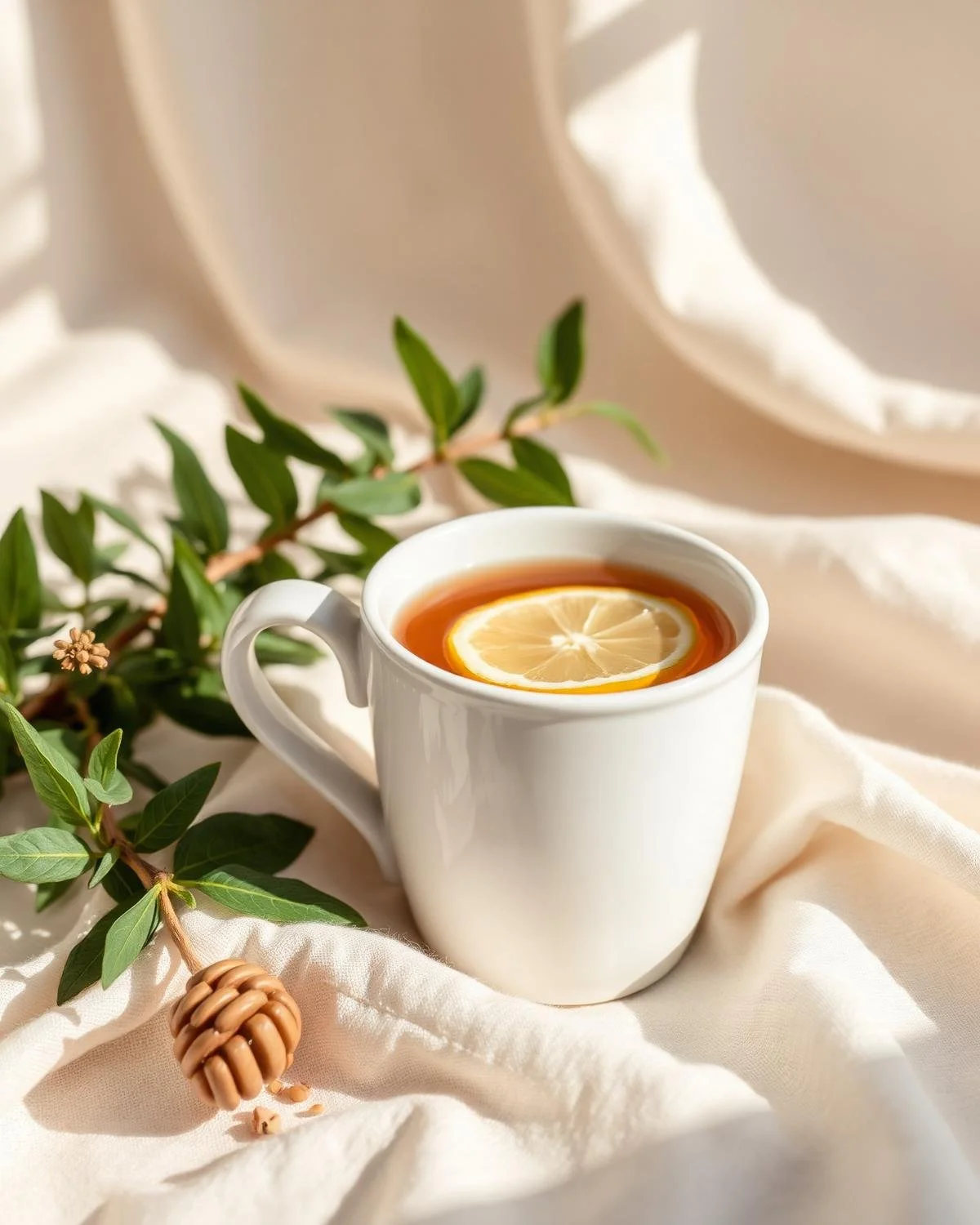 A white mug filled with tea and a lemon slice, placed on cream-colored fabric with green leaves and a small wooden bead decoration nearby.