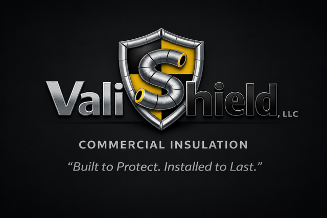 ValiShield LLC commercial insulation logo with shield and pipe imagery, slogan 'Built to Protect. Installed to Last.'