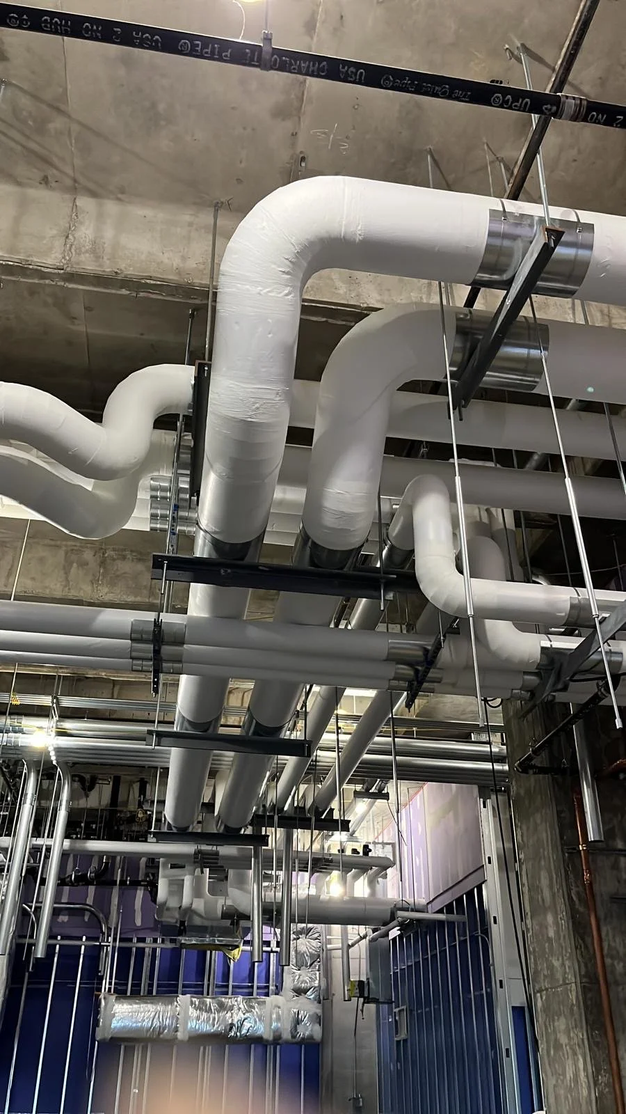 Commercial HVAC and mechanical piping insulation system installed by Vali Shield, LLC. Professional insulation designed for energy efficiency, condensation control, and long-term system performance in Houston, Texas.
