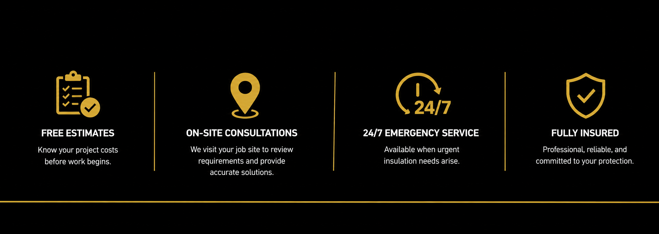 A graphic with four sections in gold icons and white text on a black background, describing services: free estimates, on-site consultations, 24/7 emergency service, and fully insured.