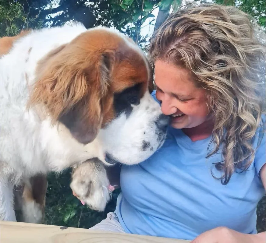A woman and a large Saint Bernard dog touching noses outdoors, with trees visible in the background.