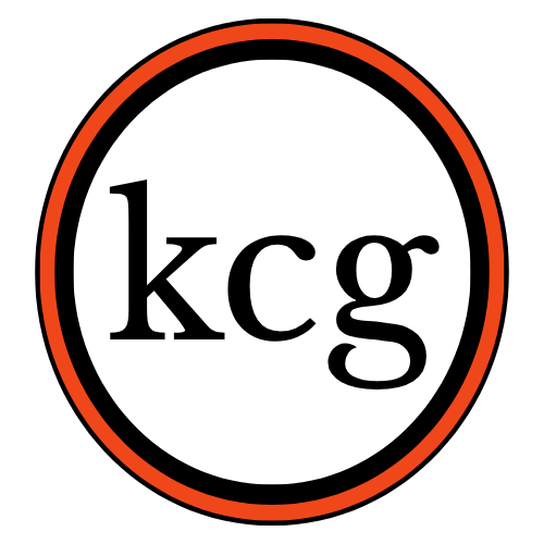 Logo with the text 'kcg' inside a white circle bordered in red, on a black background.