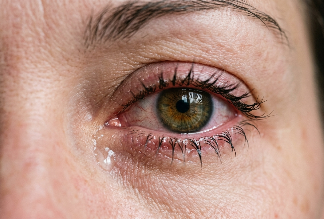 Close-up of a human eye with green iris, with a small tear falling down the cheek.
