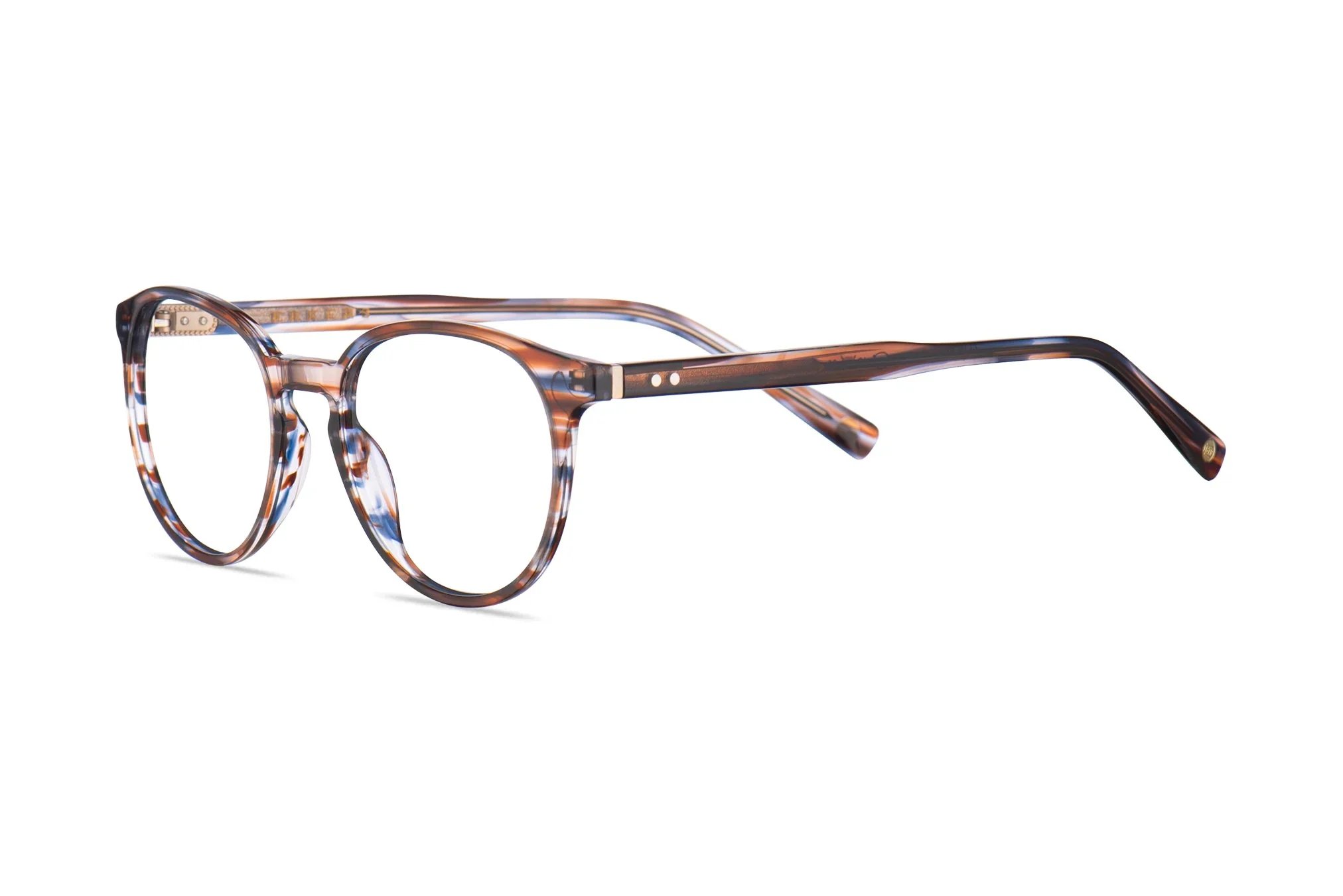 Tortoiseshell eyeglasses with clear lenses on a white background.