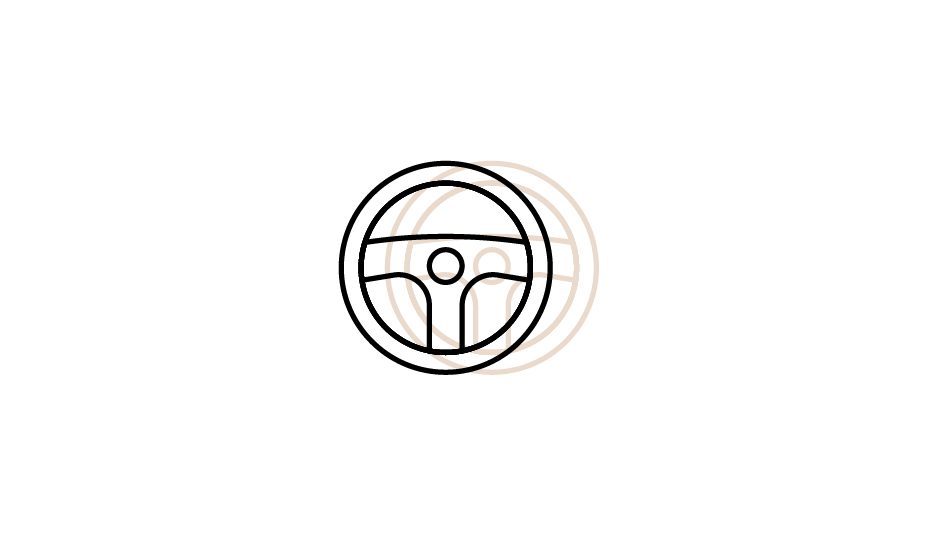 Line drawing of a car's steering wheel with the horn symbol in the center, displayed on a black background.