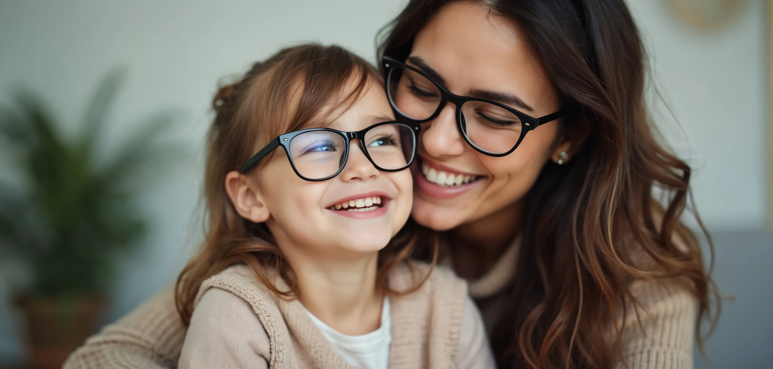 A woman and a young girl, both wearing glasses, sharing a happy moment, smiling and cuddling indoors.