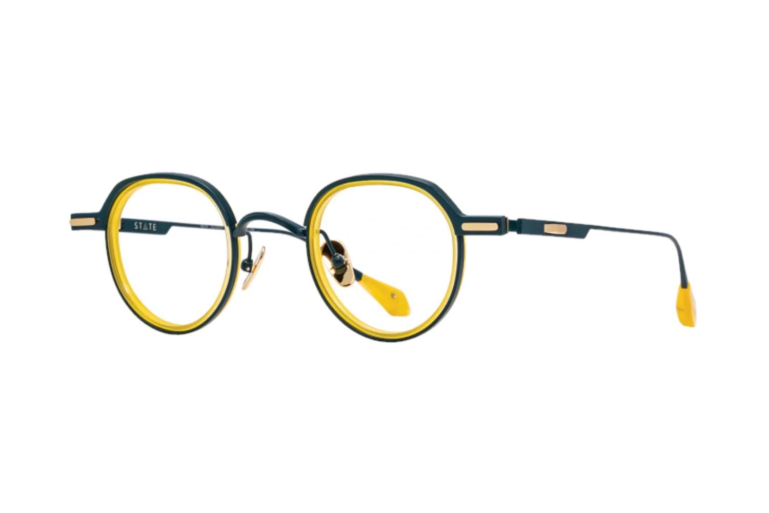 Yellow and black round eyeglasses with a black and yellow frame, featuring a clip-on yellow lens, against a transparent background.