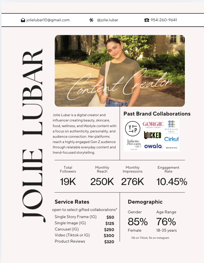 A promotional social media profile overview for Julie Lubar featuring a photo of her smiling outdoors, with her contact info, past brand collaborations, follower and engagement statistics, service rates, and demographic details.