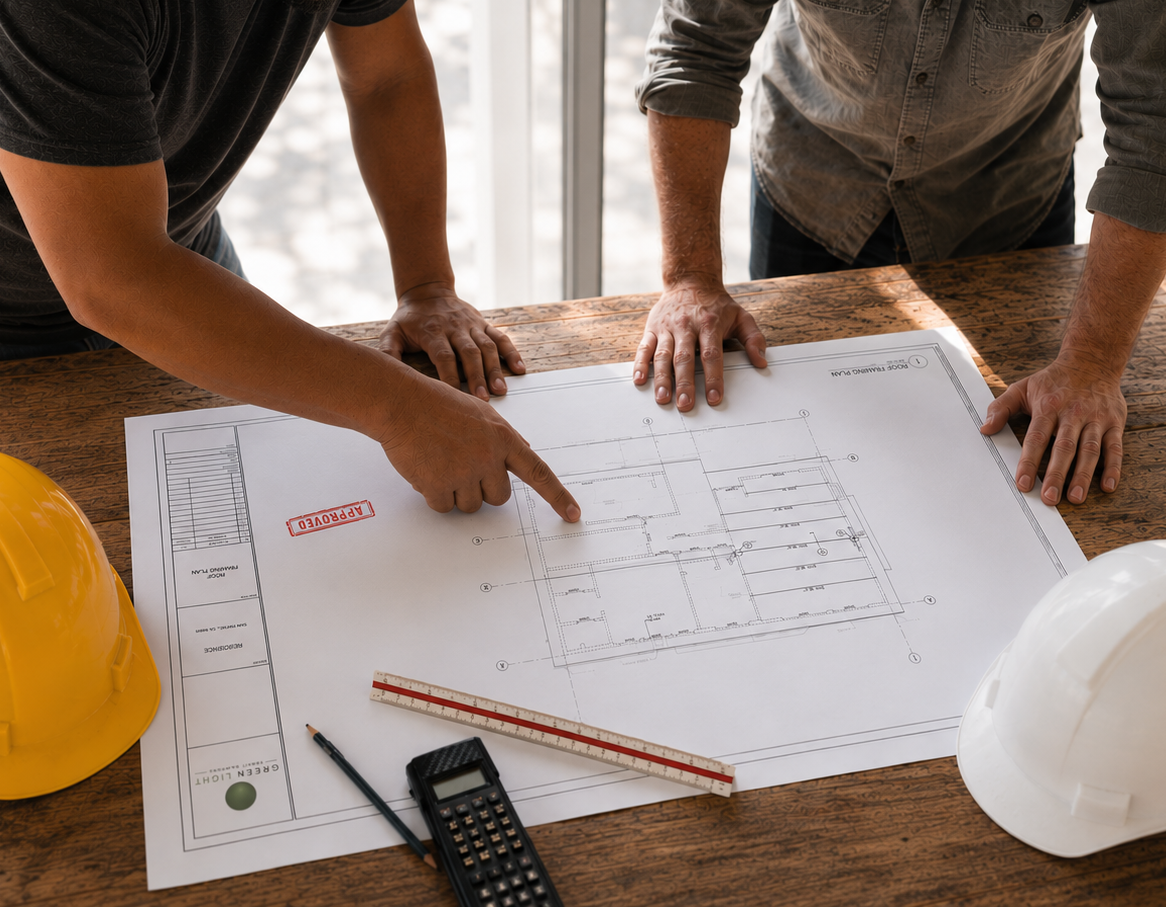 Architect and contractor reviewing a roof plan at the job site