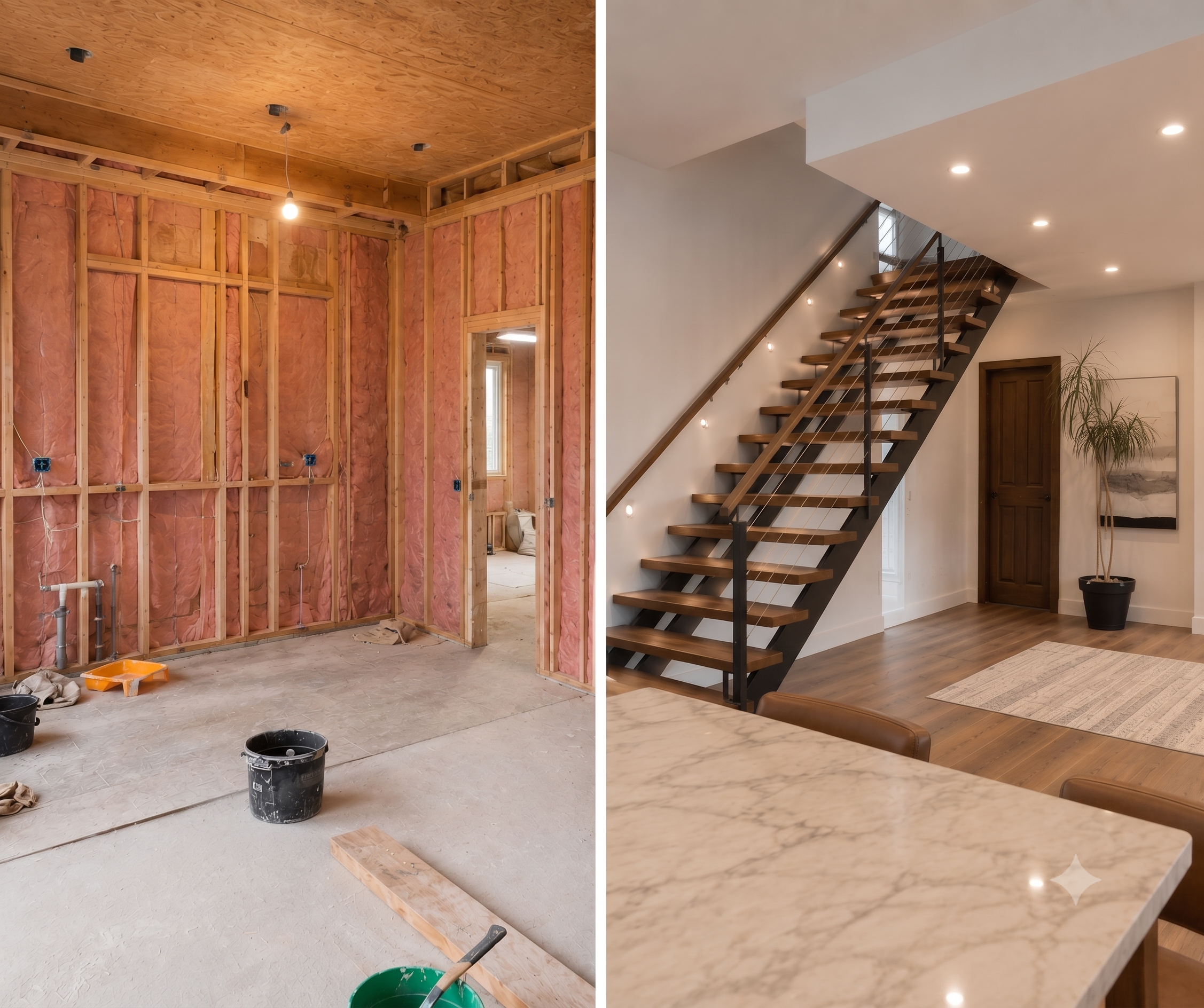 Side-by-side comparison of a room during renovation on the left and fully decorated interior on the right.
