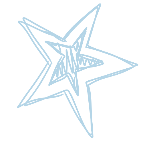 Drawing of overlapping stars with zigzag lines, in light blue on a black background.