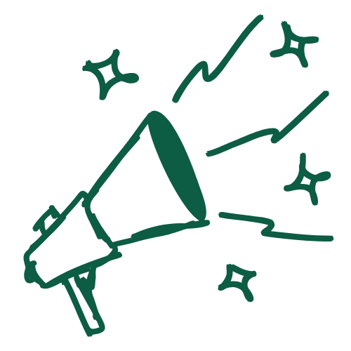 Hand-drawn megaphone with sparkles and upward arrows indicating announcement or promotion.